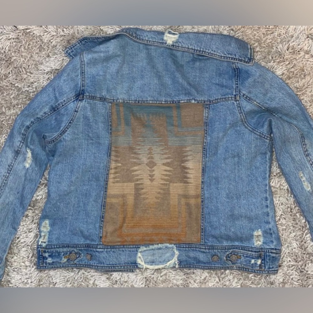 Denim distressed jacket with Pendleton wool inlay